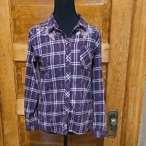Art Class Purple Plaid Long Sleeve Girls Flannel Button Down Shirt 10/12